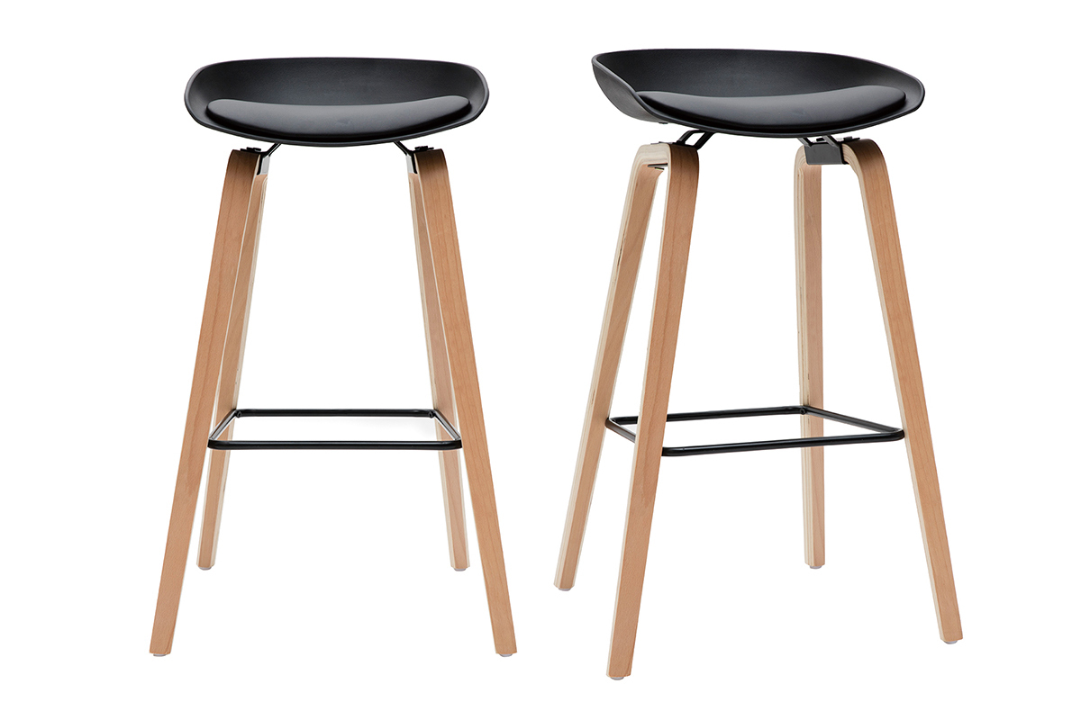 Taburetes de bar negro y patas madera 75 cm (lote de 2) LINO