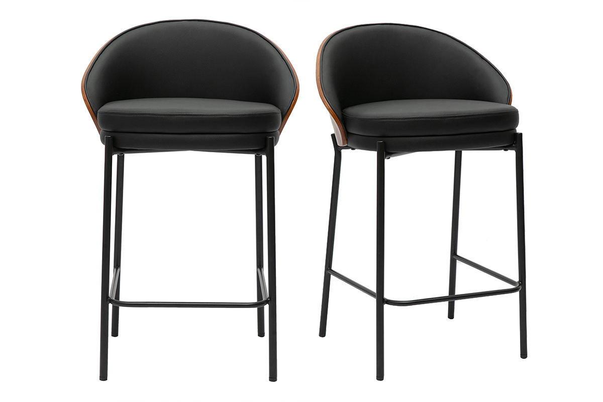 Dos taburetes de bar negros, madera oscura y metal, vista frontal.