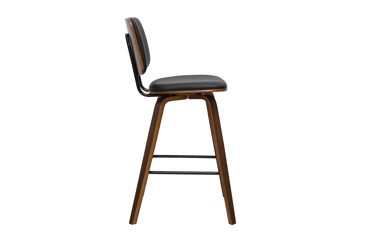 Taburete de bar negro y madera oscura, vista de perfil, altura 66 cm.