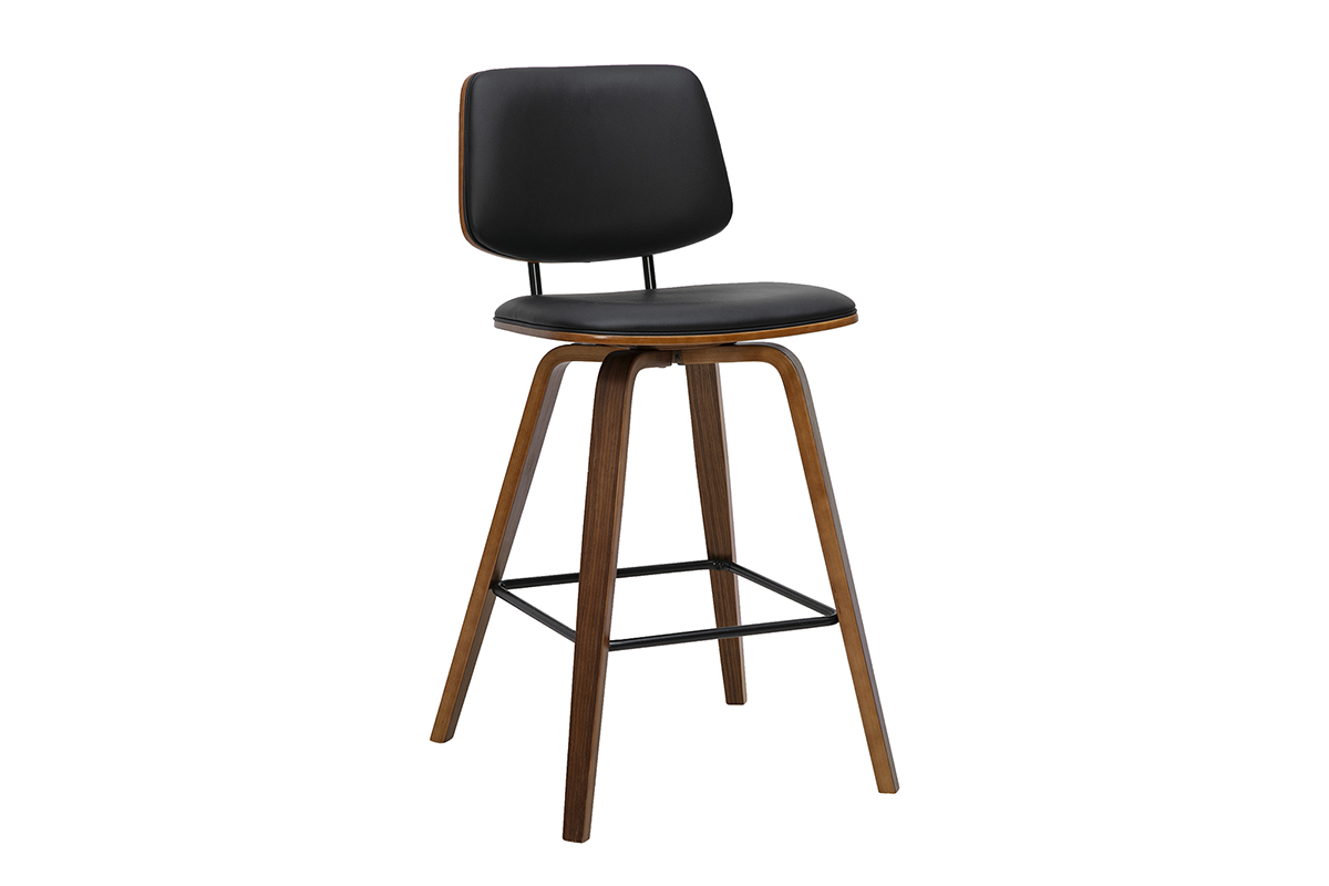Taburete de bar negro y madera oscura, vista de 3/4, H66 cm, estilo contempor�neo