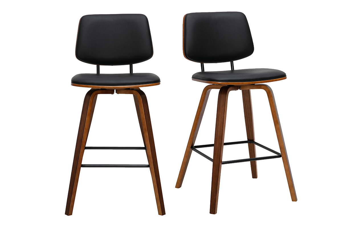 Lote de 2 taburetes de bar negros y madera oscura, H66 cm, vista frontal.