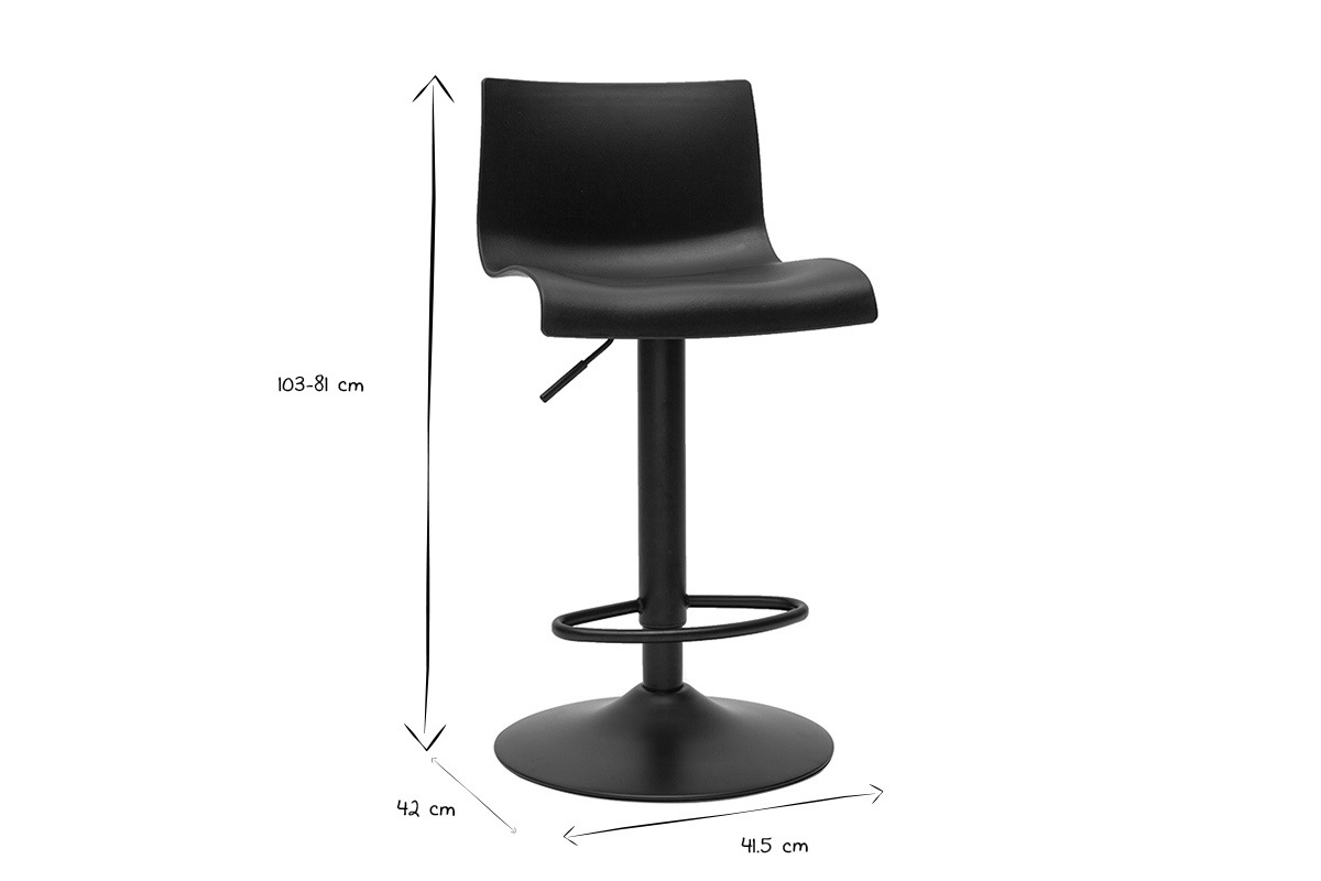 Dimensiones de los taburetes de bar ONA en negro y blanco, L41.5 x P42 x H103-81 cm ajustable.