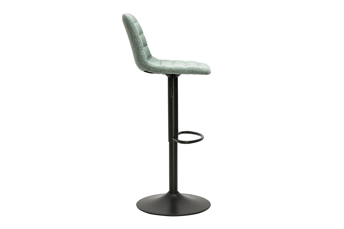 Taburete de bar ajustable en tela celad�n y metal negro, vista lateral.