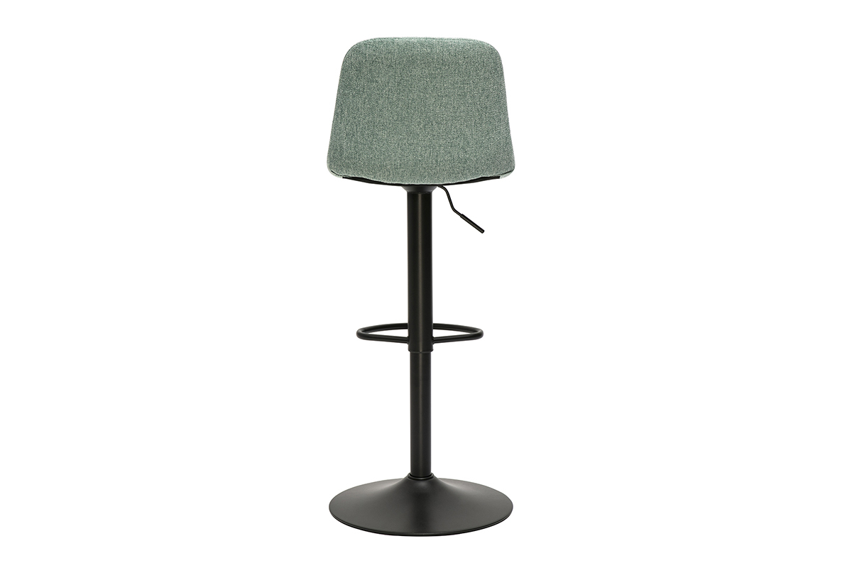 Taburete de bar ajustable celad�n, vista trasera, con pie de metal negro y reposapi�s circular.