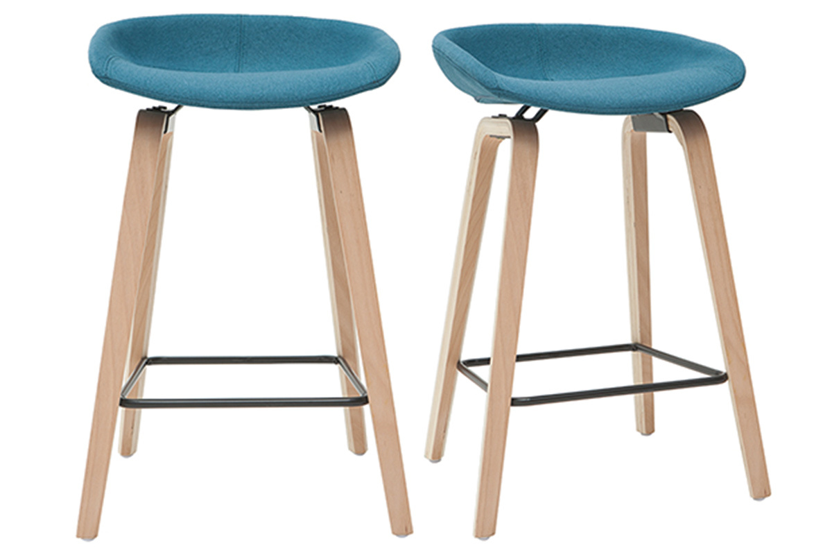 Taburetes de bar tejido azul petrleo y patas madera A65 cm (lote de 2) LINO