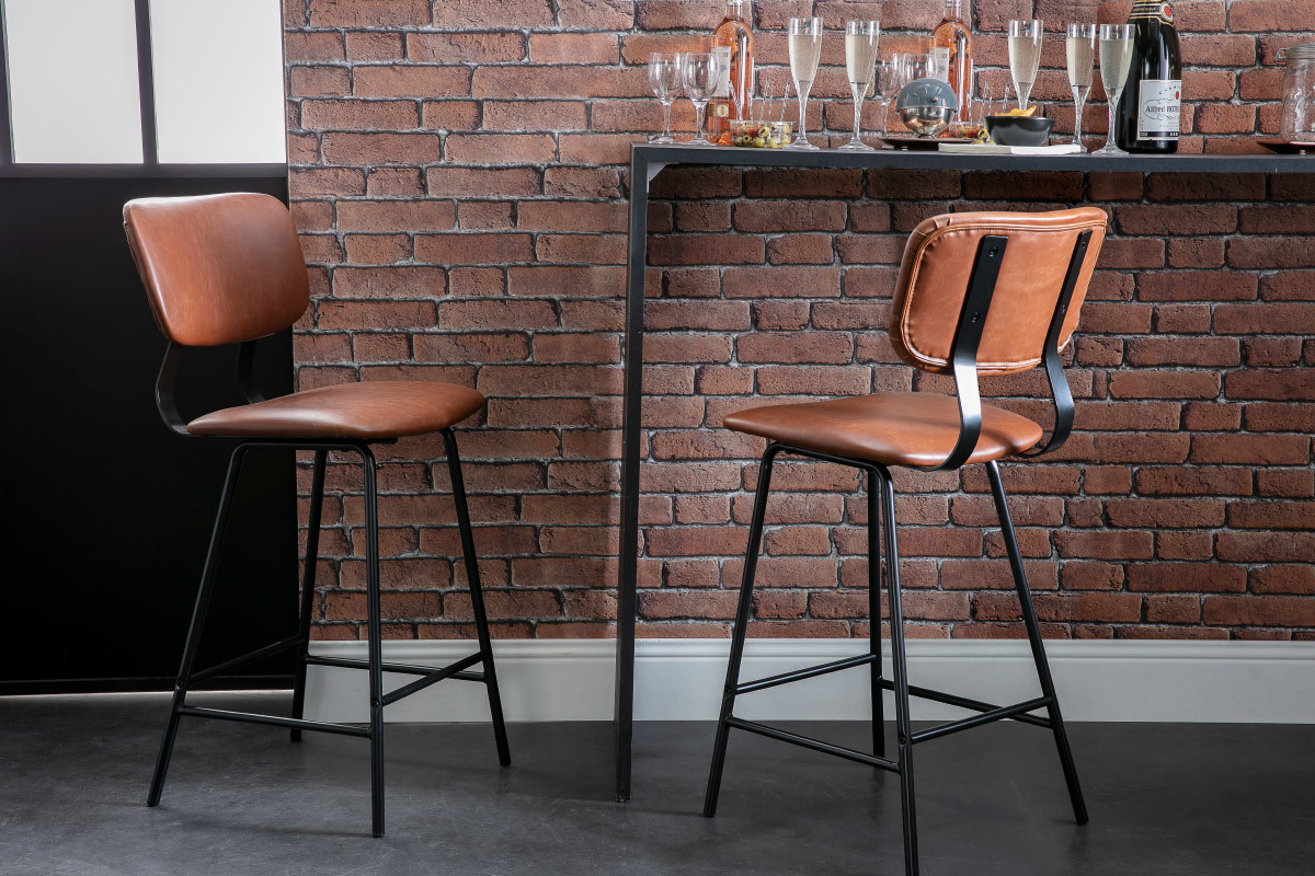 Taburetes de bar vintage marrn claro con patas en metal 65cm (lote de 2) LAB
