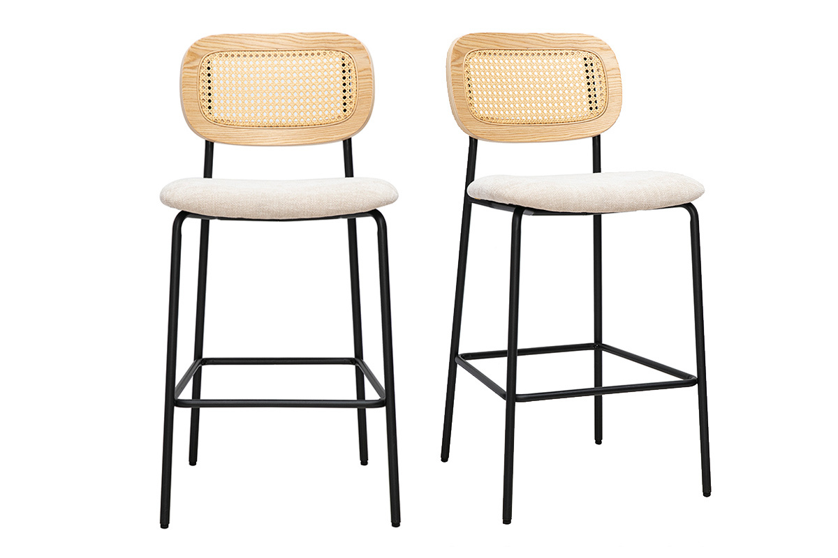Juego de 2 taburetes de dise�o en tela beige y rejilla, estructura de metal negro, vista frontal.