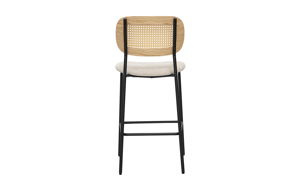 Taburete de dise�o en tejido efecto terciopelo beige, vista trasera, estructura de metal negro y rejilla de rat�n.