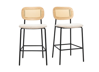 Taburetes de dise&ntilde;o en tejido efecto terciopelo texturizado beige, metal negro y rejilla de rat&aacute;n (lote de 2) MIRANDA