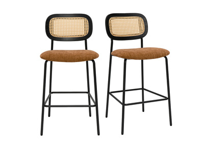 Taburetes de diseño en tejido efecto terciopelo texturizado tierra quemada, metal negro y rejilla de ratán (juego de 2) MIRANDA