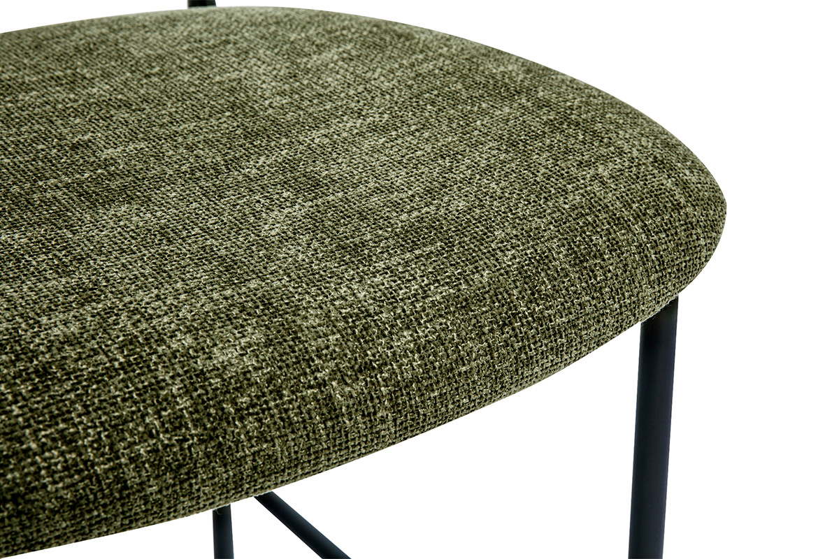 Taburetes de diseo en tela efecto terciopelo texturado verde caqui, metal negro y mimbre de ratn (juego de 2) MIRANDA