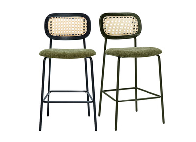 Taburetes de diseño en tela efecto terciopelo texturado verde caqui, metal negro y mimbre de ratán (juego de 2) MIRANDA