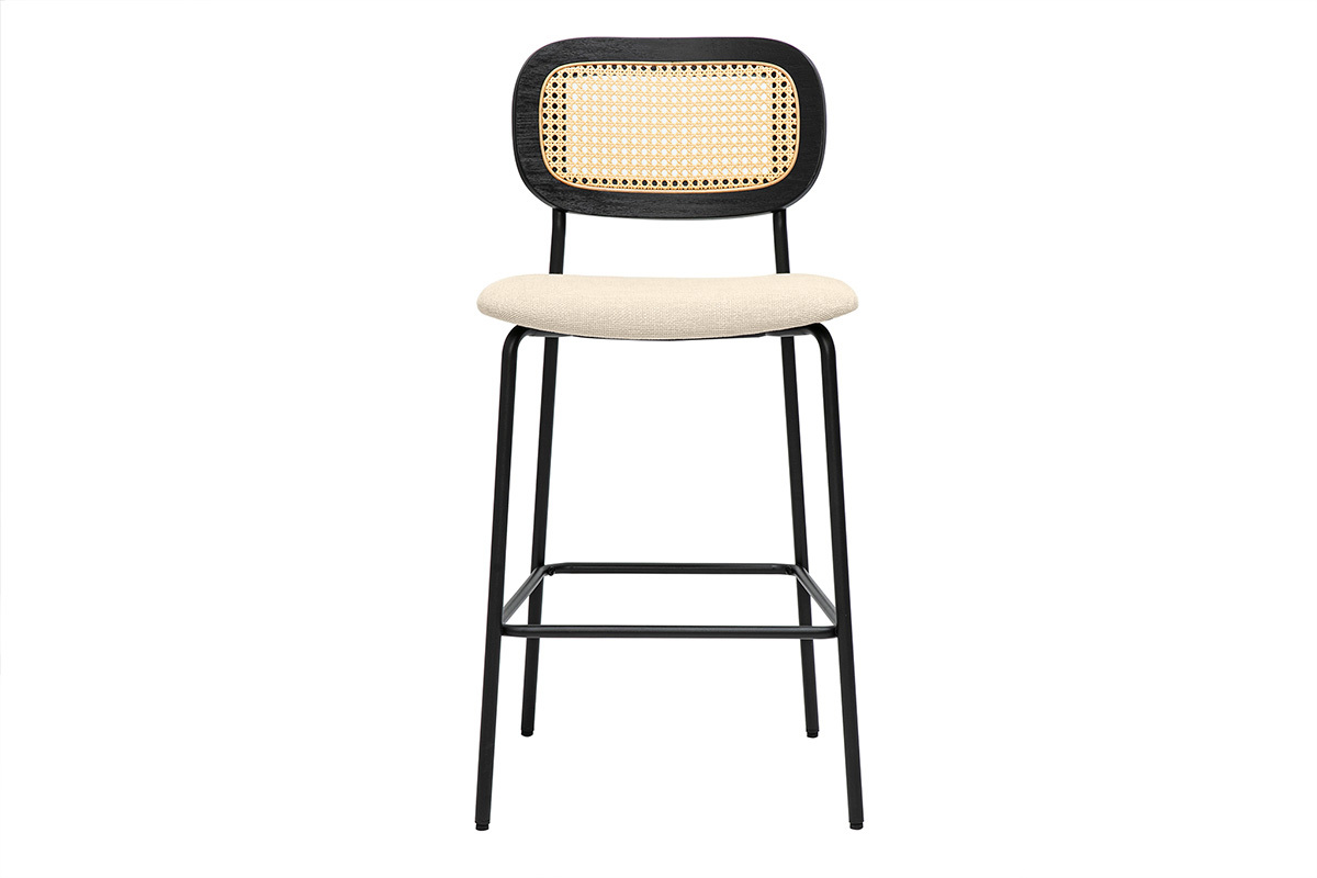 Taburetes de diseo en tela efecto terciopelo texturizado beige, metal negro y mimbre (juego de 2) MIRANDA