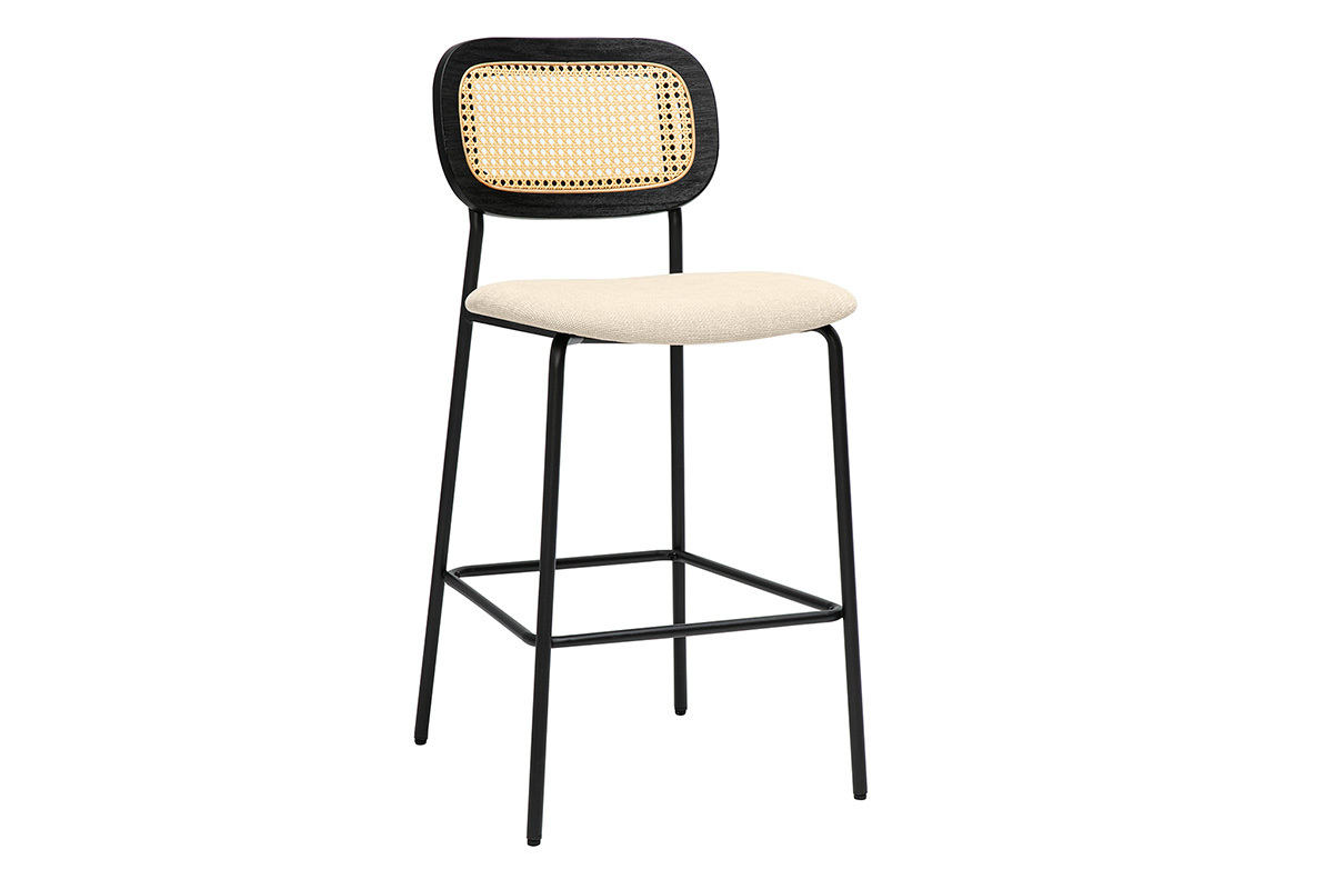 Taburetes de diseo en tela efecto terciopelo texturizado beige, metal negro y mimbre (juego de 2) MIRANDA