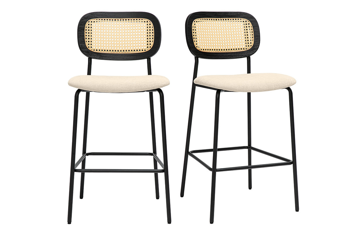 Taburetes de diseo en tela efecto terciopelo texturizado beige, metal negro y mimbre (juego de 2) MIRANDA