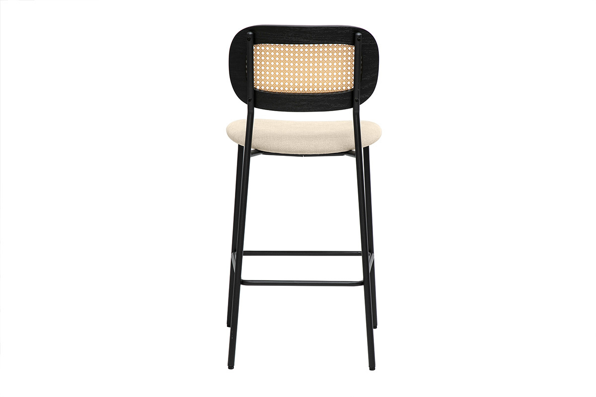 Taburetes de diseo en tela efecto terciopelo texturizado beige, metal negro y mimbre (juego de 2) MIRANDA