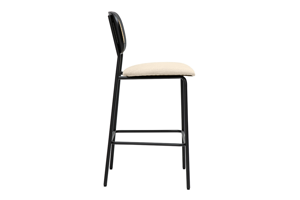 Taburetes de diseo en tela efecto terciopelo texturizado beige, metal negro y mimbre (juego de 2) MIRANDA