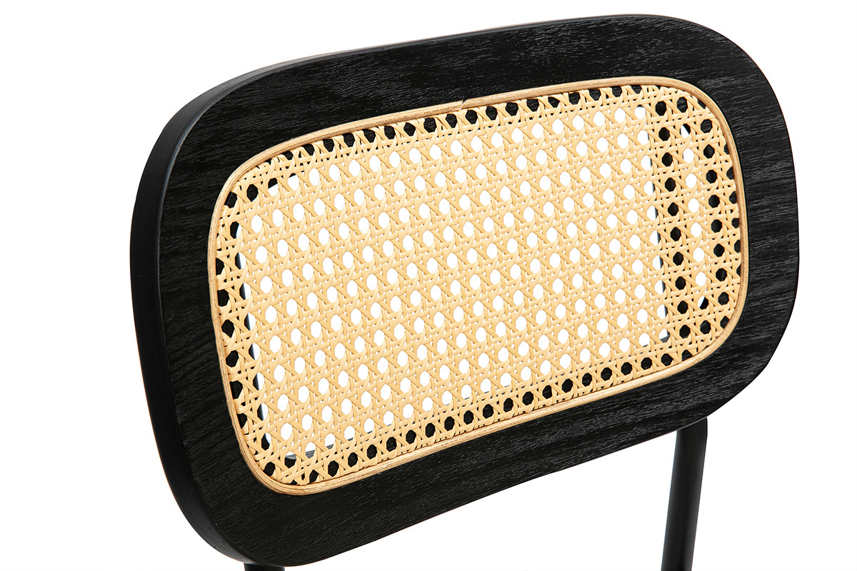 Taburetes de diseo en tela efecto terciopelo texturizado beige, metal negro y mimbre (juego de 2) MIRANDA