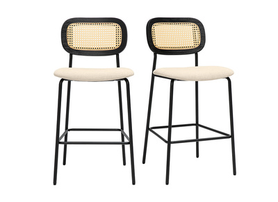 Taburetes de diseño en tela efecto terciopelo texturizado beige, metal negro y mimbre (juego de 2) MIRANDA