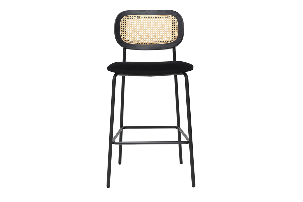 Taburetes de diseo en terciopelo negro, metal negro y mimbre de ratn (set de 2) MIRANDA