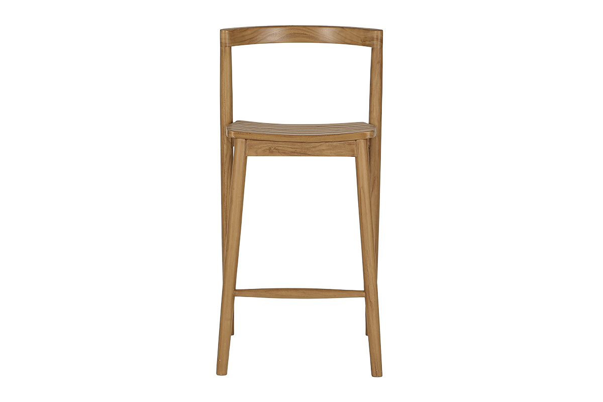 Taburete de jard�n de teca maciza H70 cm, vista frontal, dise�o depurado y apilable.