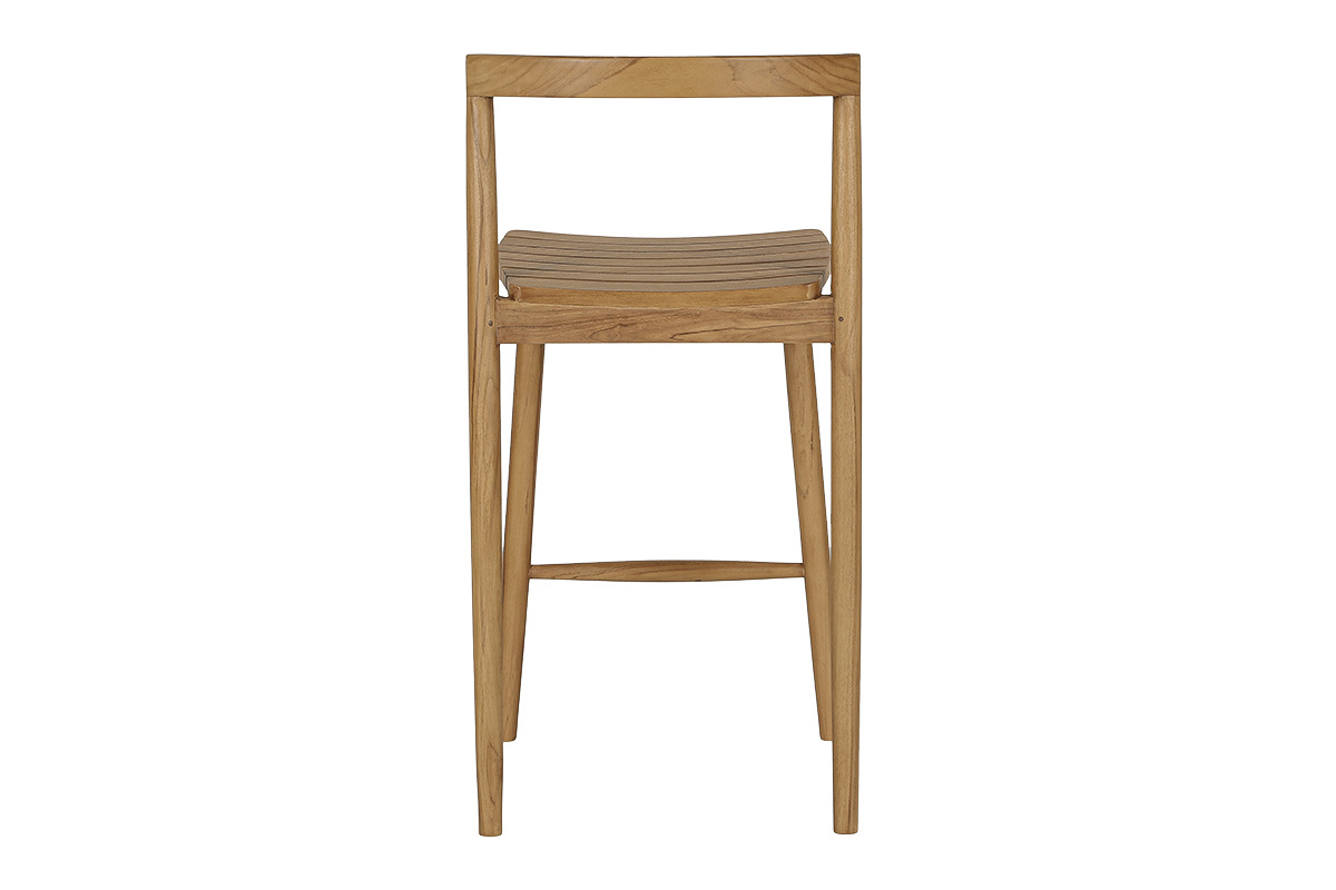 Taburete de jard�n en teca maciza, vista trasera, apilable, altura 70 cm, dise�o depurado.