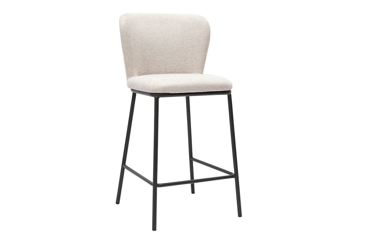Taburete de tela beige con efecto terciopelo y metal negro, vista de 3/4, dise�o contempor�neo