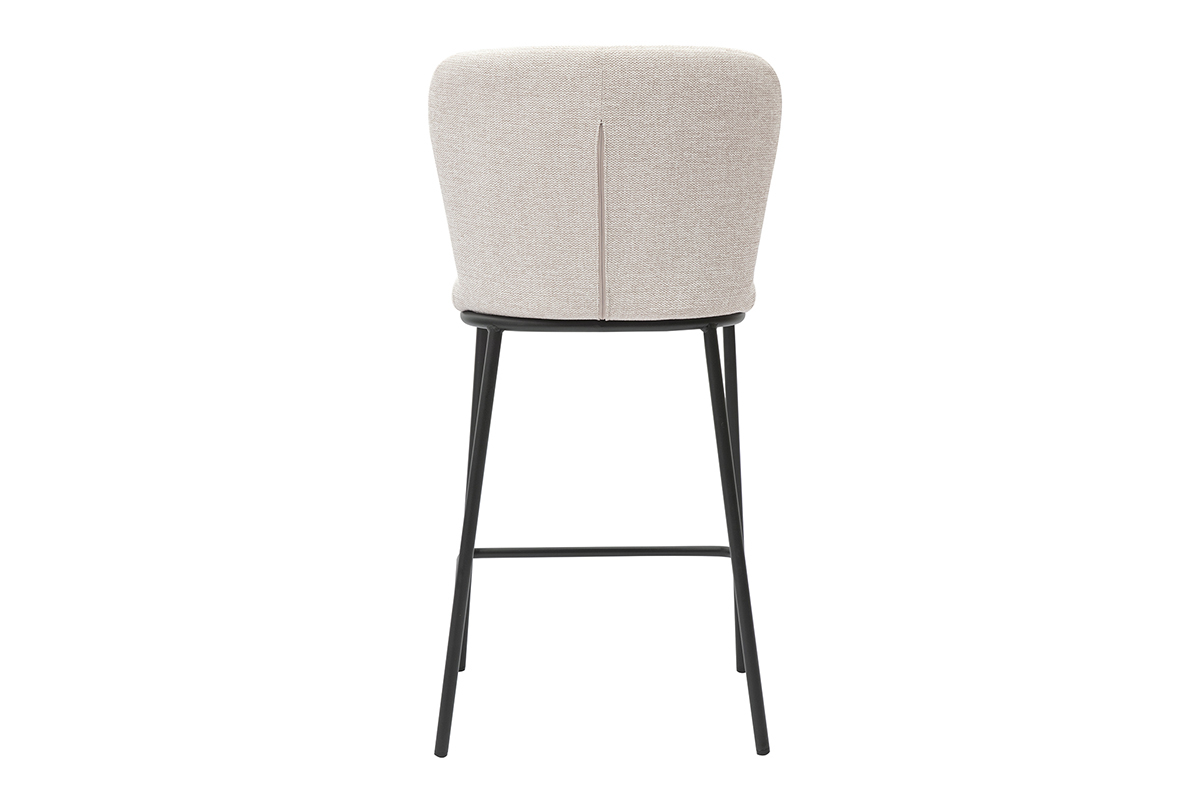 Taburete de tela beige con respaldo redondeado y estructura de metal negro, vista trasera