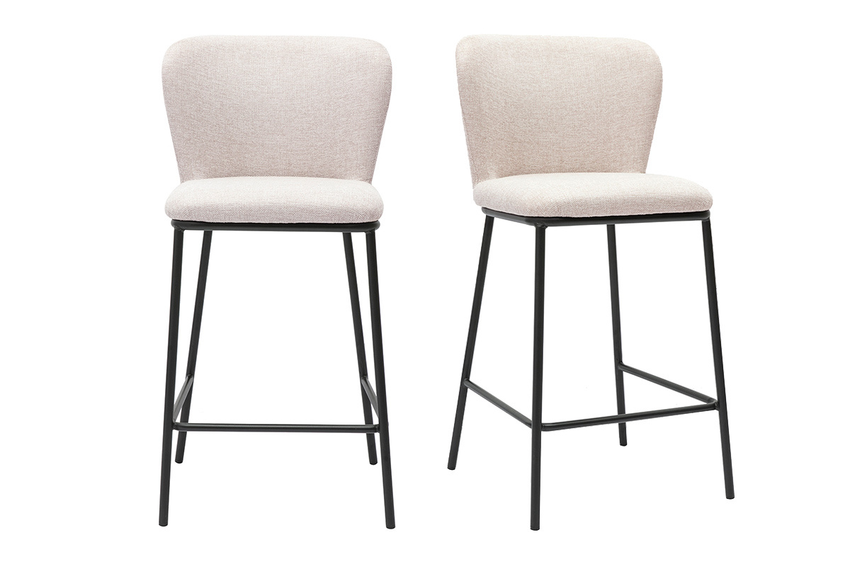 Lote de 2 taburetes de tela beige con estructura de metal negro, vista frontal