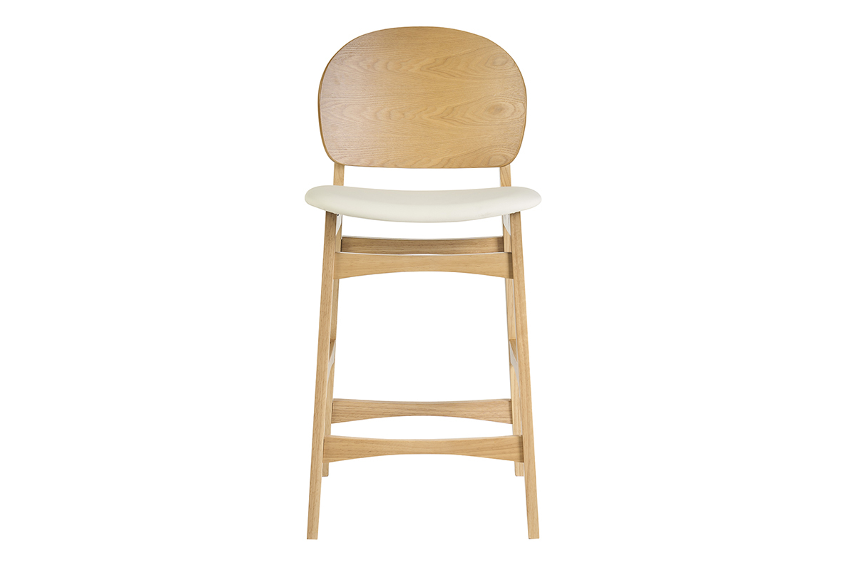 Taburete escandinavo de madera clara de fresno y asiento blanco, vista frontal