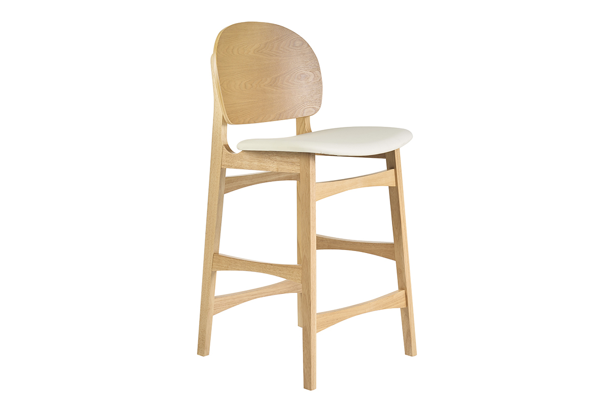 Taburete escandinavo de madera clara de fresno y asiento blanco, vista de 3/4