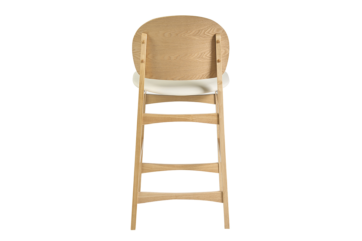 Taburete escandinavo de madera clara de fresno y asiento blanco, vista trasera.