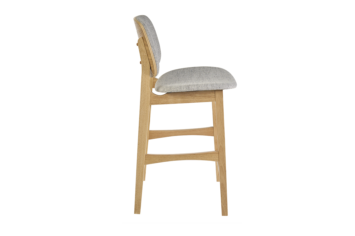 Taburete escandinavo de madera clara y tela gris, vista de perfil, altura 66 cm.