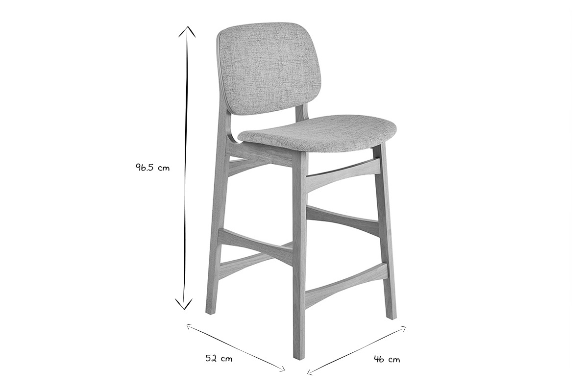 Dimensiones de los taburetes escandinavos de madera clara y tejido gris, H96.5 cm, L52 cm, P46 cm