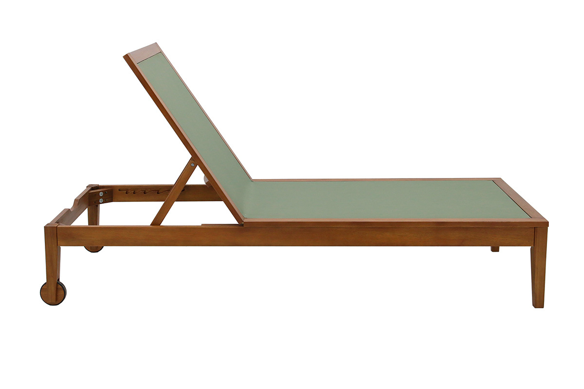 Tumbona verde caqui de madera maciza con respaldo reclinable, vista lateral.