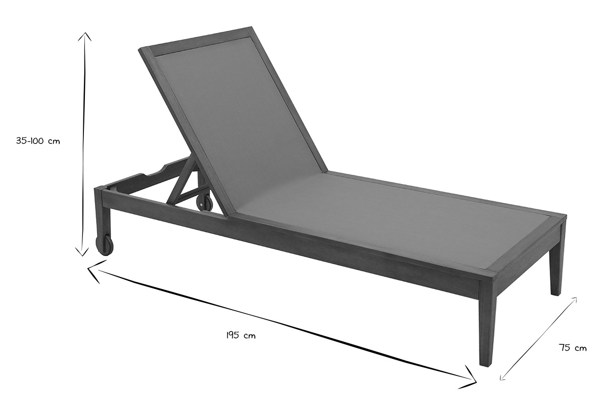 Dimensiones de la tumbona NAVEEN en negro y blanco: L195 x P75 x H35-100 cm.