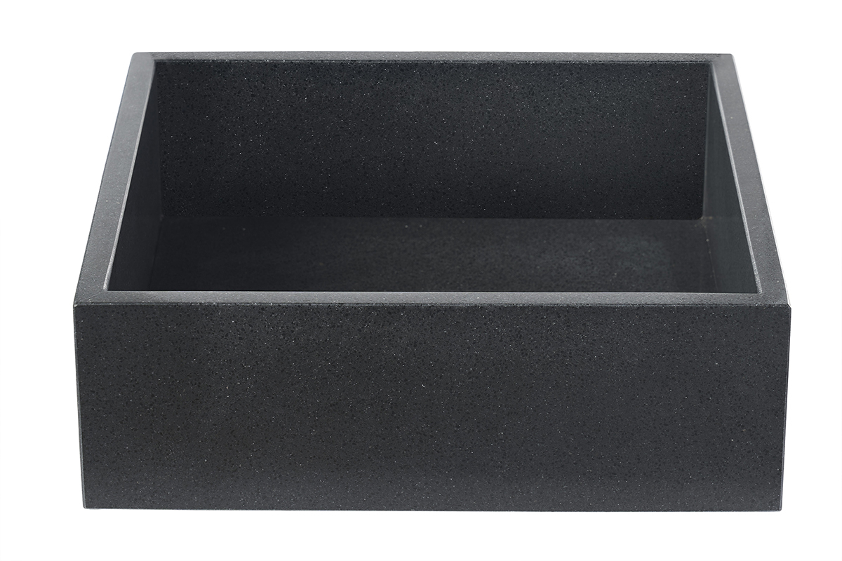 Lavabo cuadrado de terrazo negro, vista frontal, dimensiones L40 x P40 x H13 cm