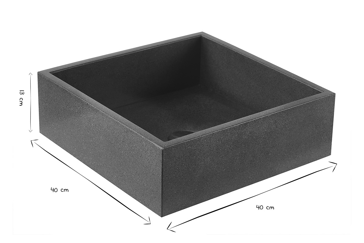 Lavabo cuadrado de terrazo negro visto en perspectiva con dimensiones L40 x P40 x H13 cm en blanco y negro.